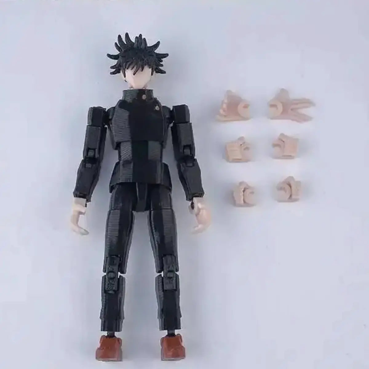 Black action figure with interchangeable parts on a white background
