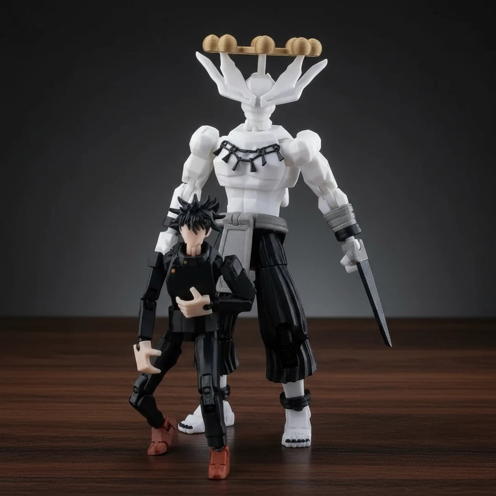 Two action figures on a textured gray surface