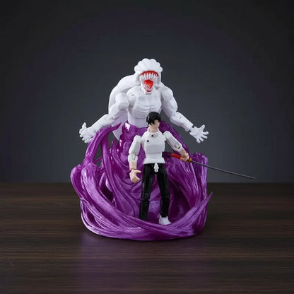 Action figure of a character with a sword and a large white creature with red mouth on a purple background