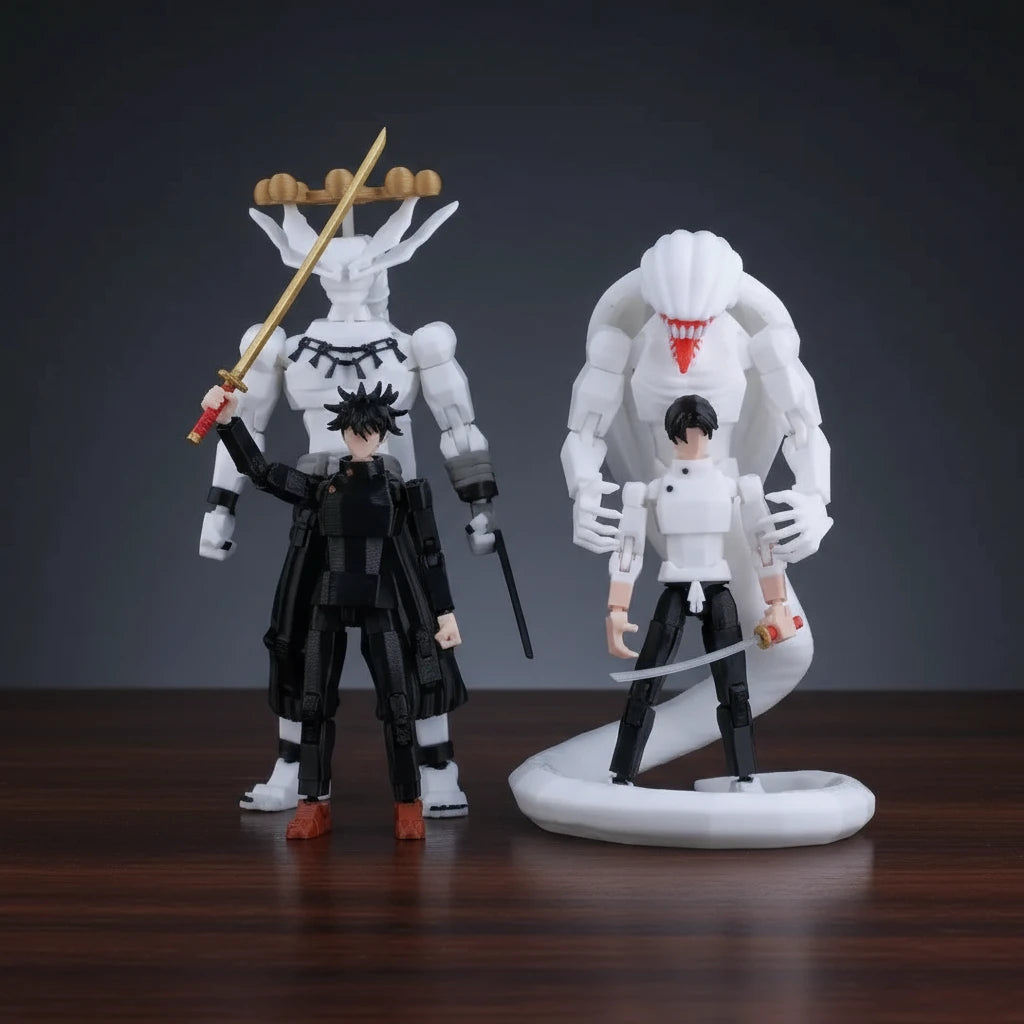 Two action figures on a textured gray background