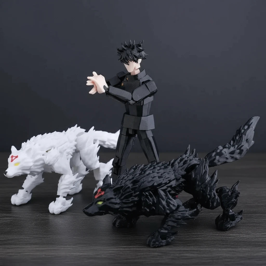 Two wolf-like creatures and a figure standing between them on a textured gray background