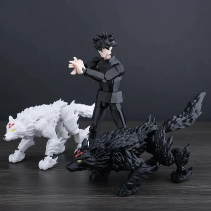 Two wolf-like creatures and a figure standing between them on a textured gray background