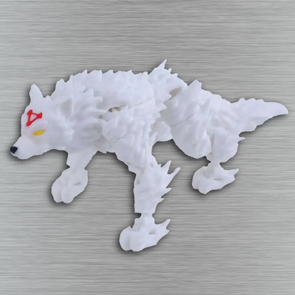 White wolf-shaped object with red and yellow markings on a gray background