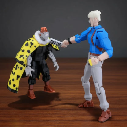 Two action figures on a textured gray background