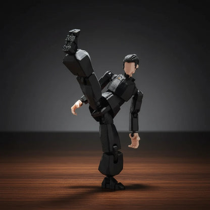 Black exoskeleton suit on a person against a gray textured background