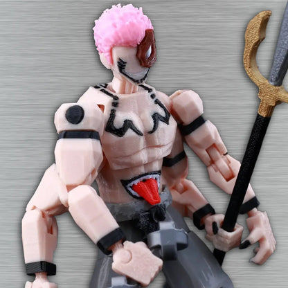 Action figure with pink hair and a weapon on a gray background