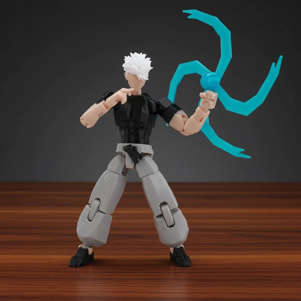 Toy figure with white hair and gray pants on a textured gray background