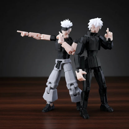 Two action figures in a dynamic pose against a textured gray background