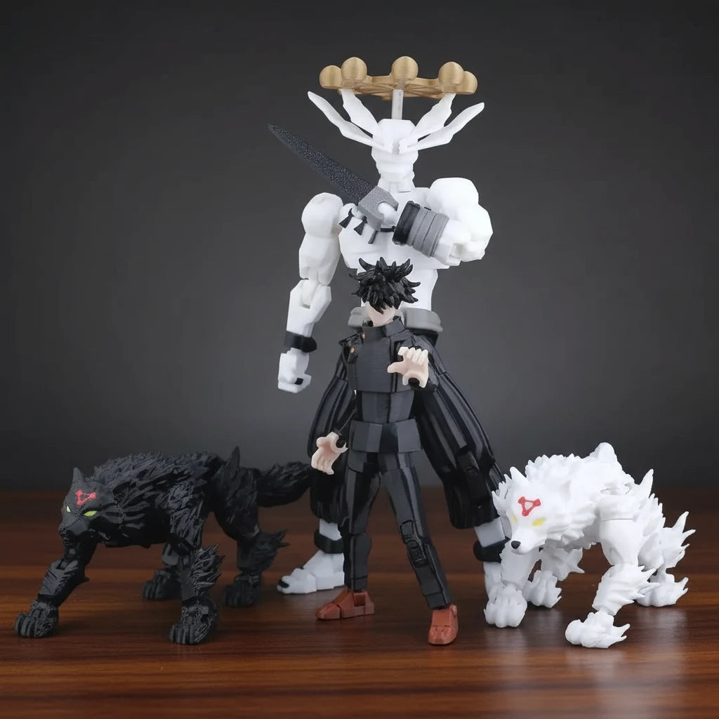 Action figure with a black panther, white wolf, and a character holding a weapon on a textured gray background