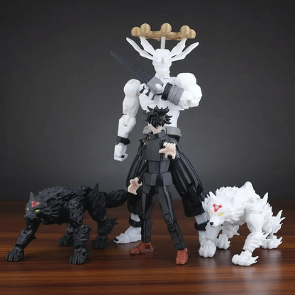 Action figure with a black panther, white wolf, and a character holding a weapon on a textured gray background