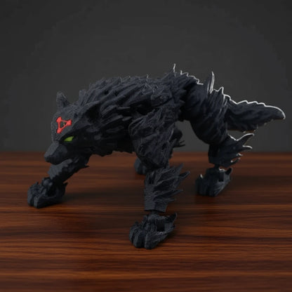Black wolf-like creature with red and green eyes on a textured gray background