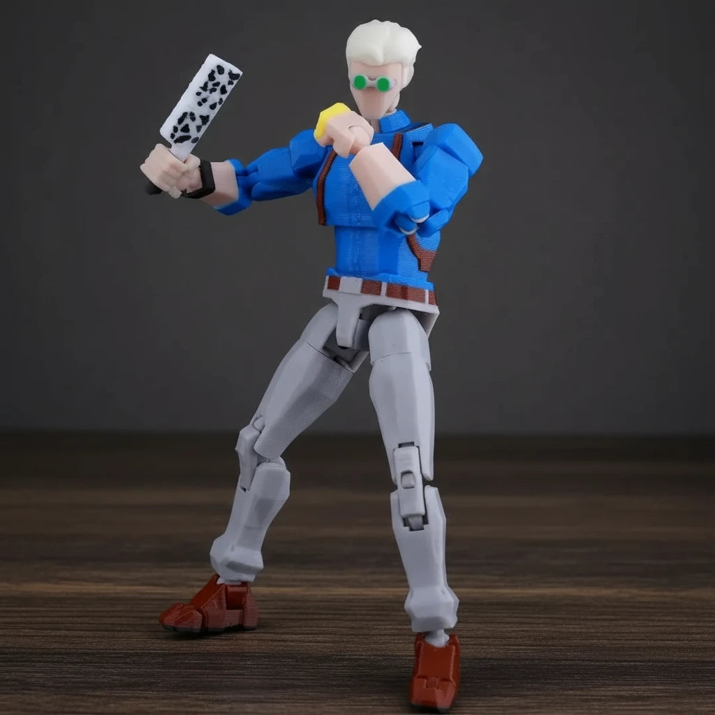 Action figure of a character in a blue shirt and gray pants on a textured surface