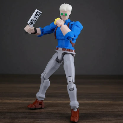 Action figure of a character in a blue shirt and gray pants on a textured surface