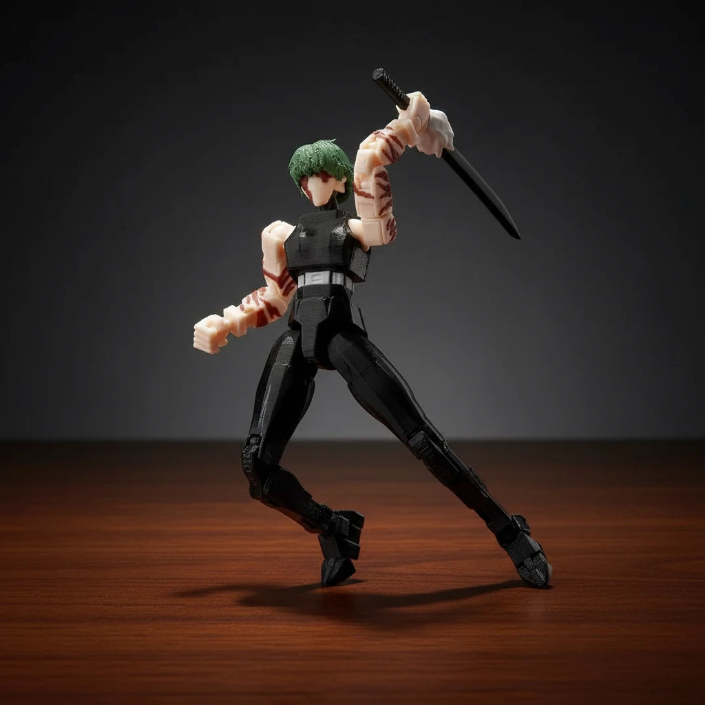 Action figure with a sword on a textured gray background