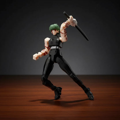 Action figure with a sword on a textured gray background