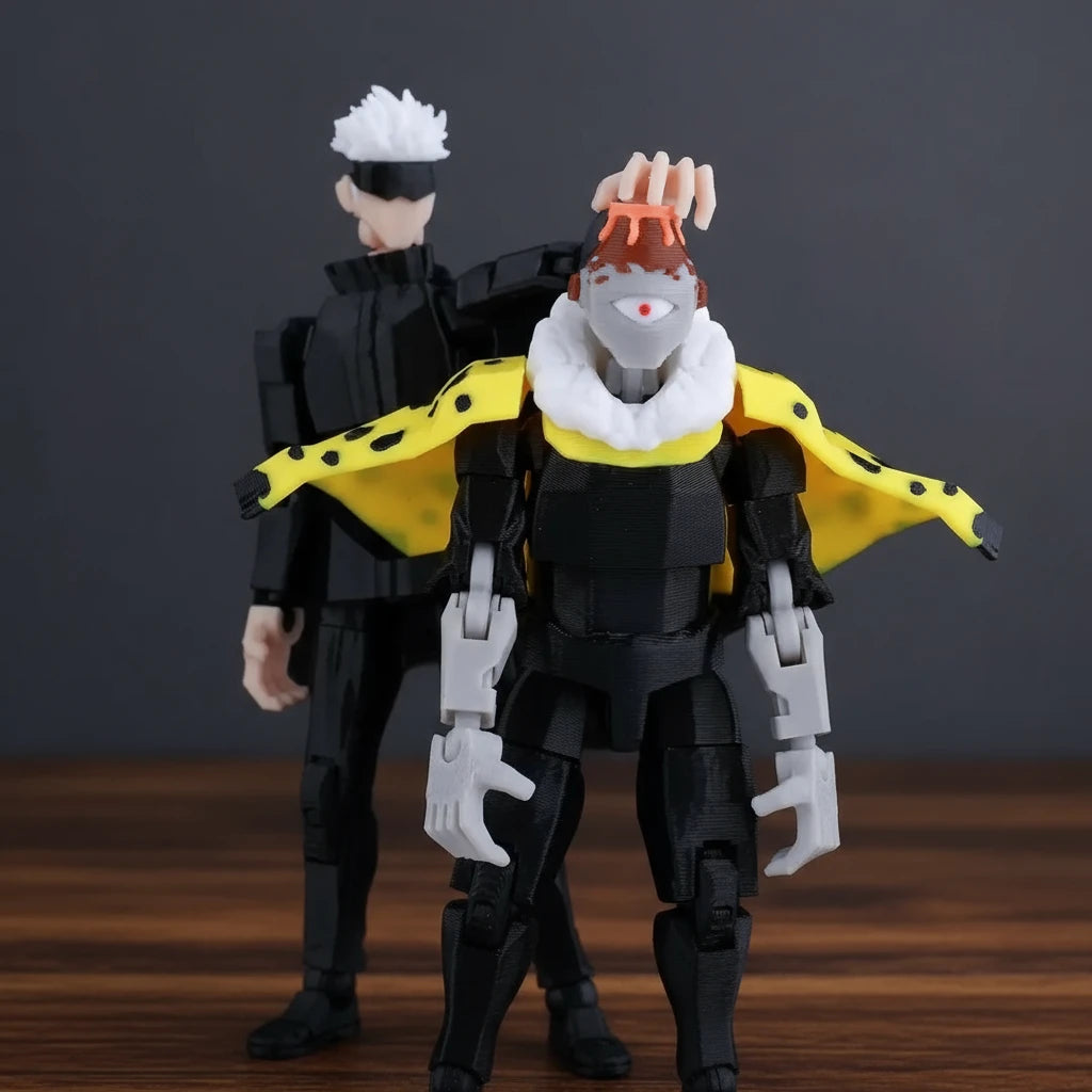 Two action figures with yellow and black outfits on a textured gray background