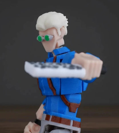 Cartoon character with a blue outfit and white hair holding a tennis racket on a textured gray background