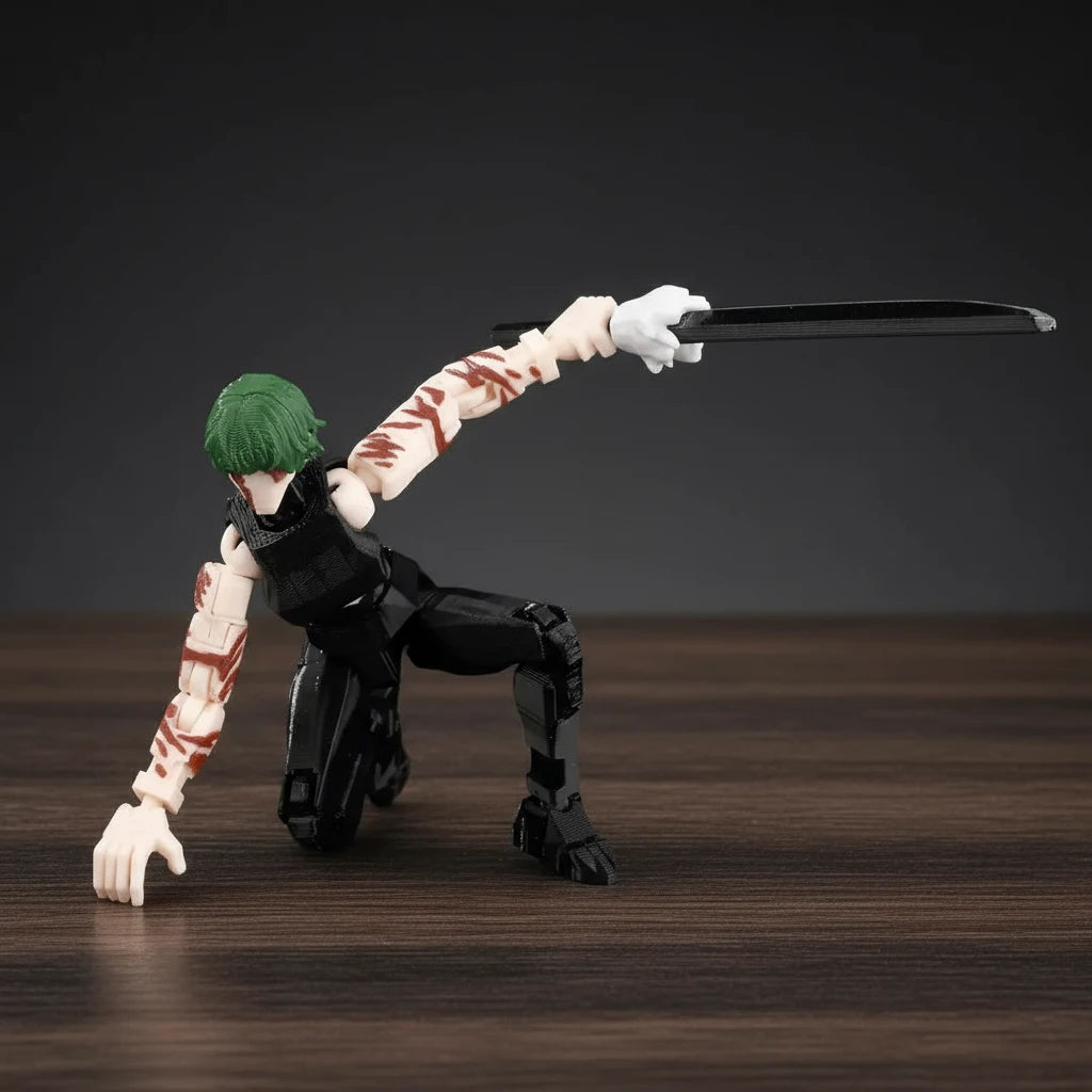 Action figure of a character with green hair and black outfit on a gray background