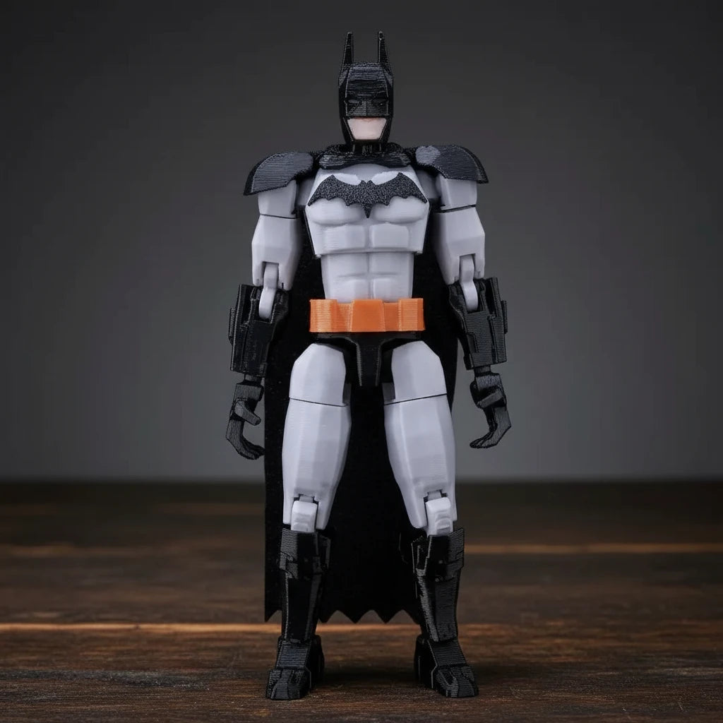 Action figure of a superhero in a black and gray costume with orange accents on a textured gray background