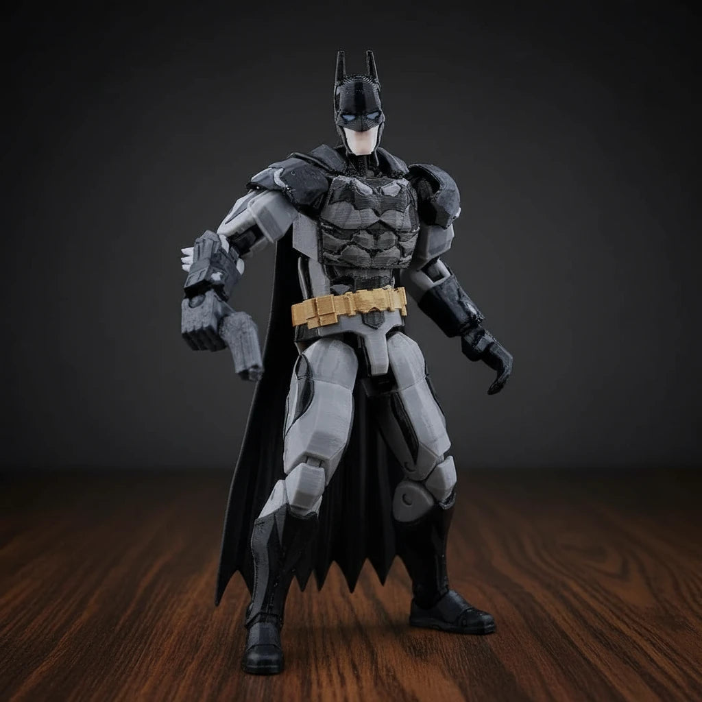 Batman action figure in gray and black suit on a textured gray background