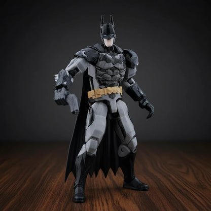 Batman action figure in gray and black suit on a textured gray background