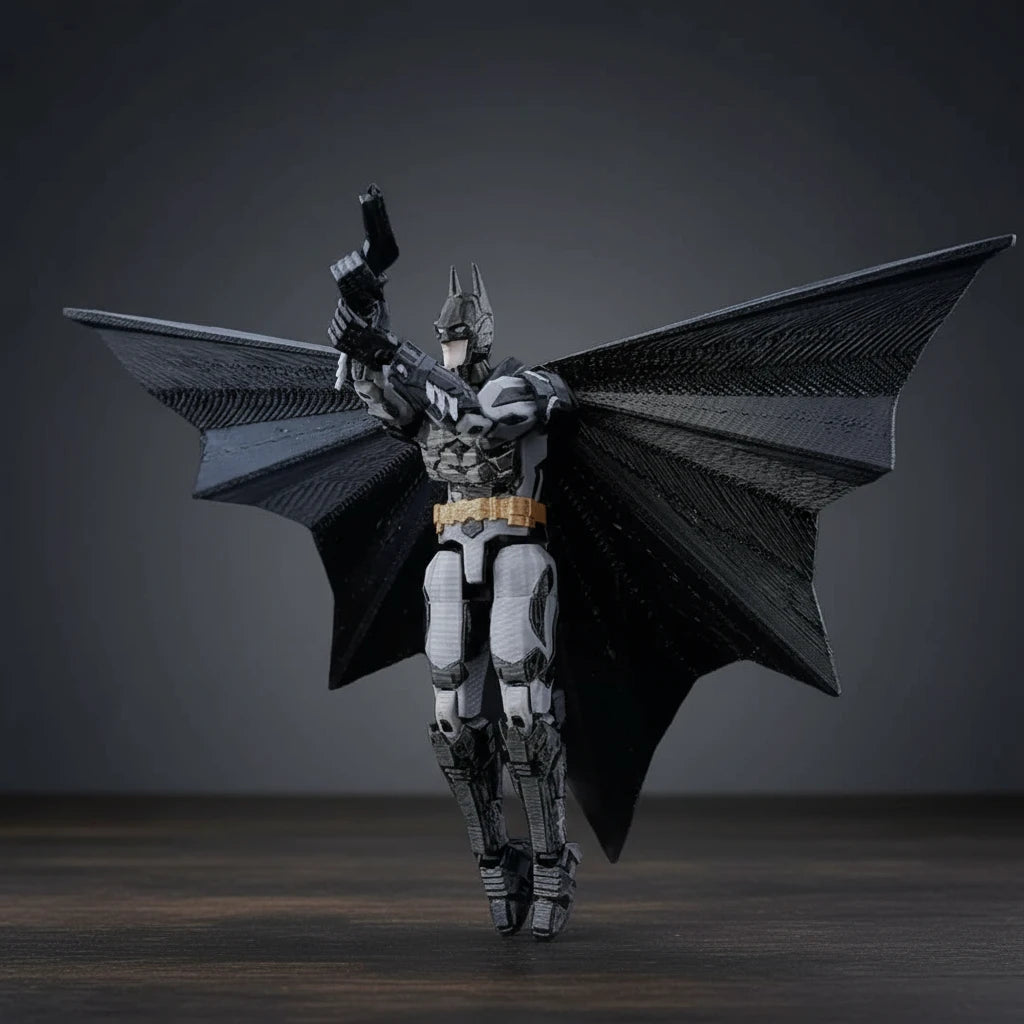 3D-printed model of a superhero with bat-like wings on a textured gray background