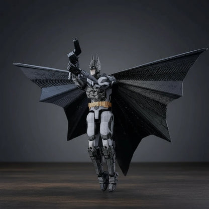3D-printed model of a superhero with bat-like wings on a textured gray background