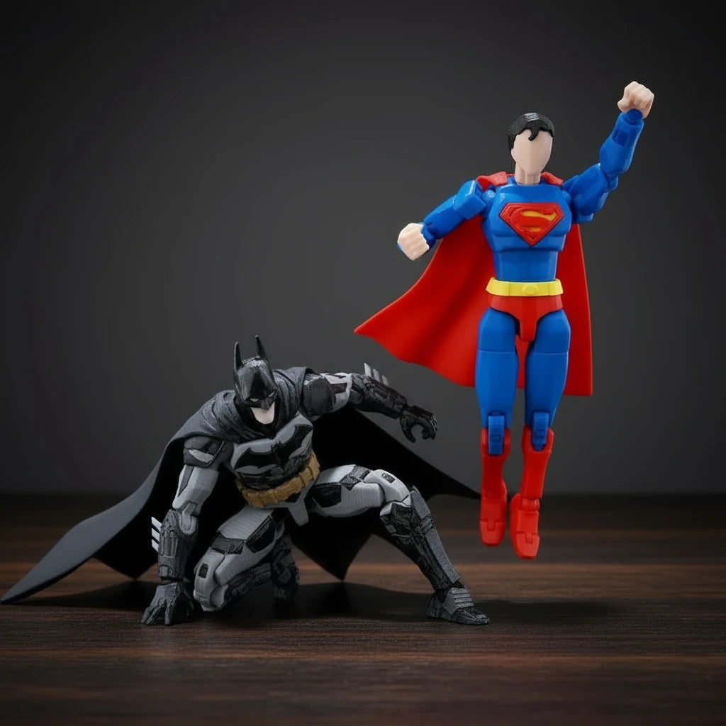 Superman and Batman action figures on a textured gray background