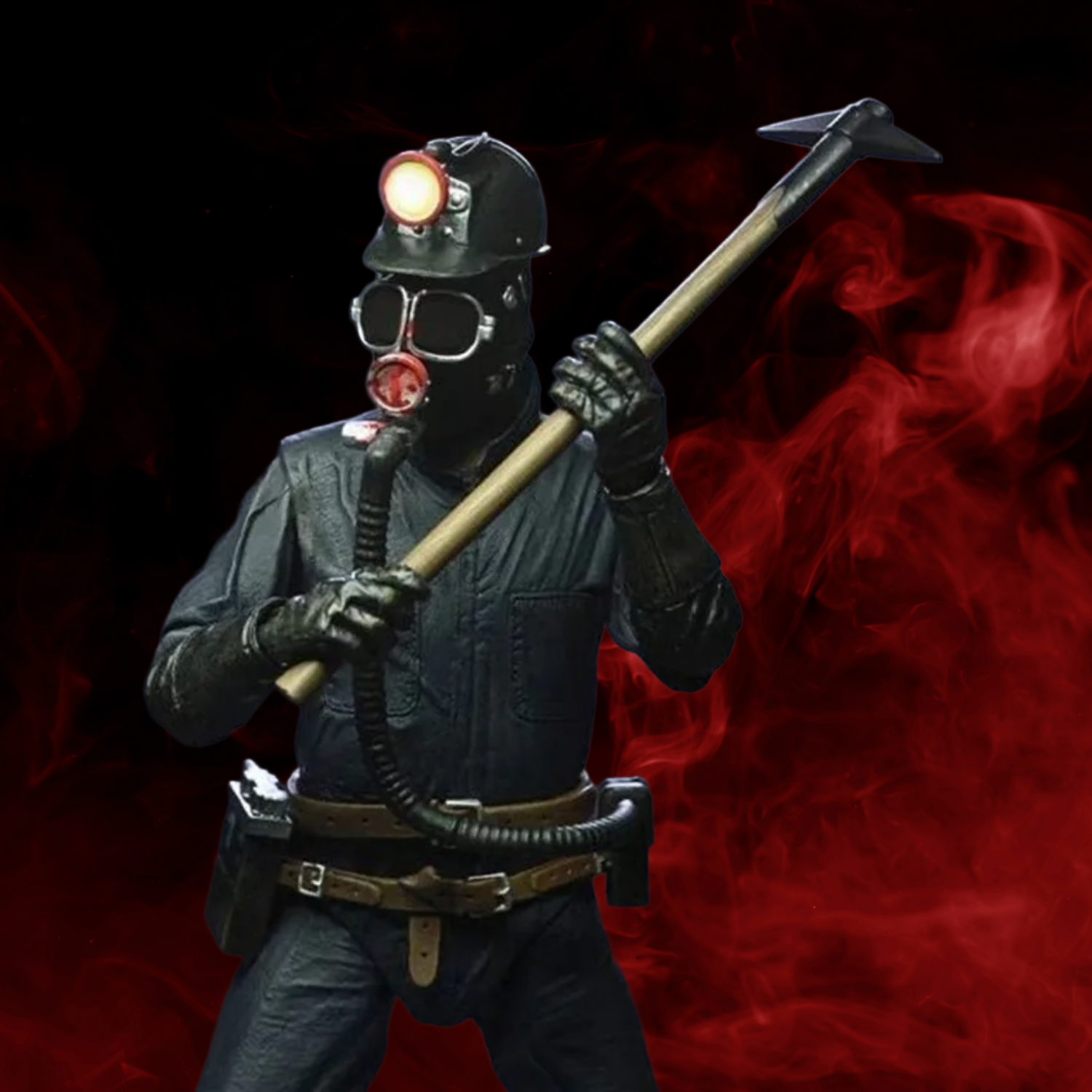 Person in a coal miner's outfit with a helmet and pickaxe against a dark background with red smoke.