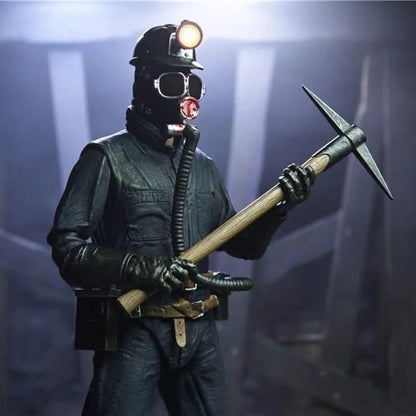 Person in a coal miner's outfit with a helmet and pickaxe against a dark background