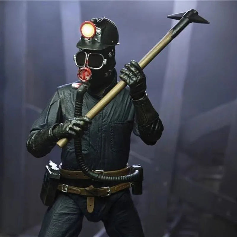 Person in a mining outfit with helmet and pickaxe against a dark background