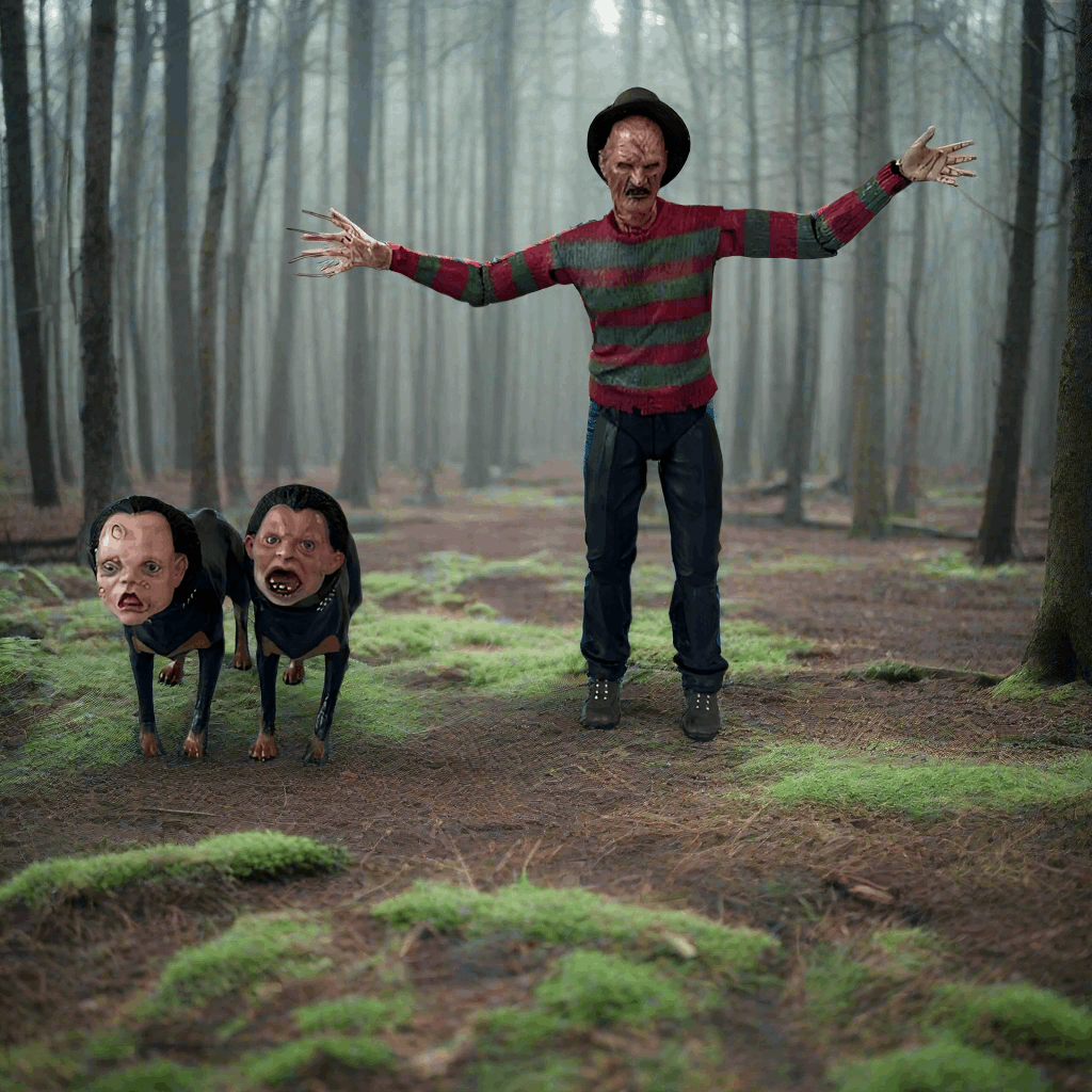 Person in a striped sweater with two creature figures in a forest setting