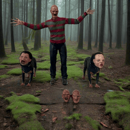 Person in striped sweater with two dogs in a forest setting