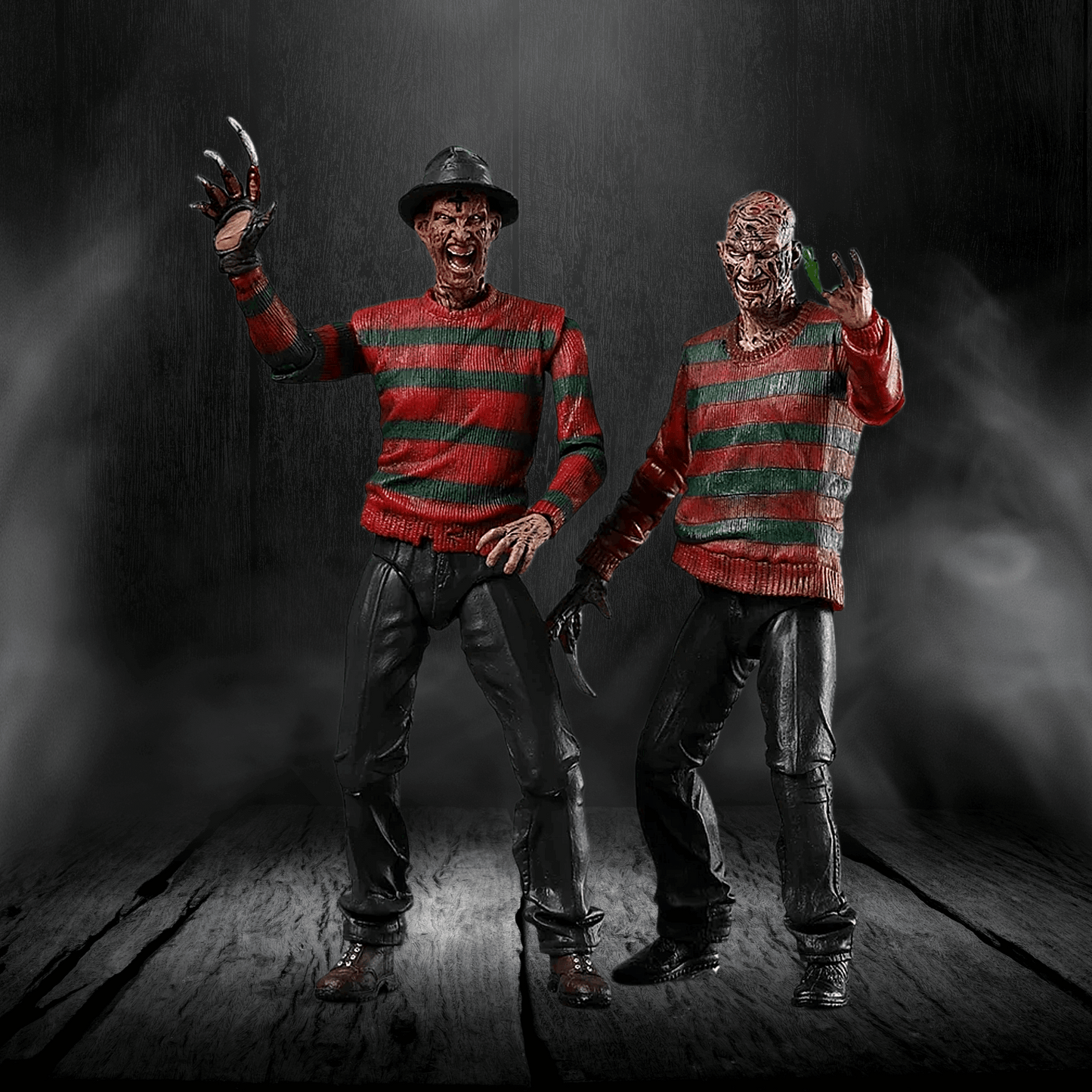 Two Freddy Krueger figures from A Nightmare on Elm Street series on a dark background