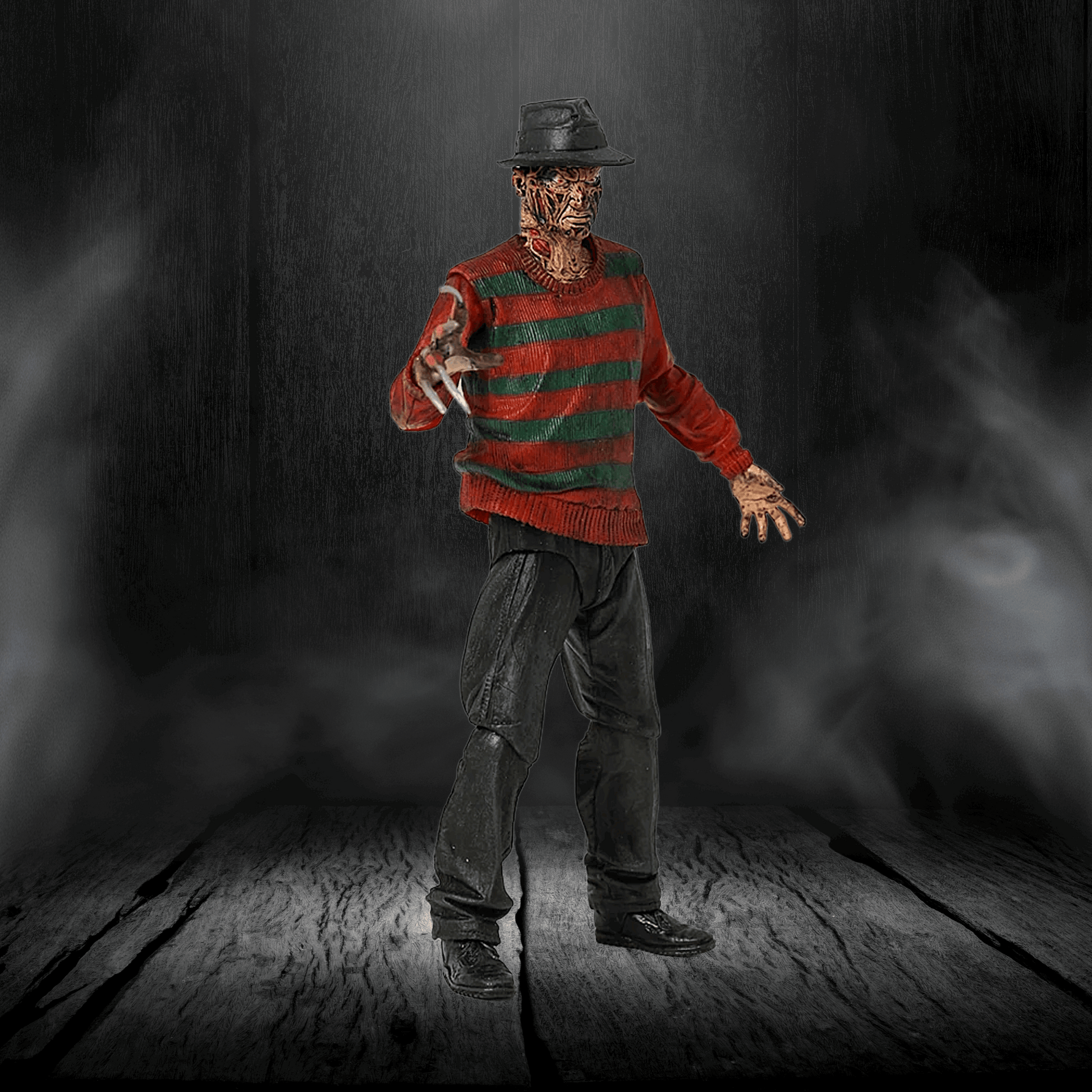 Horror character in a red and green striped sweater with a dark background