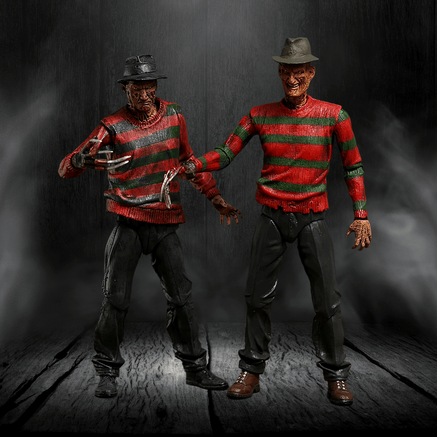 Two action figures of a character in a red and green striped sweater against a dark background.
