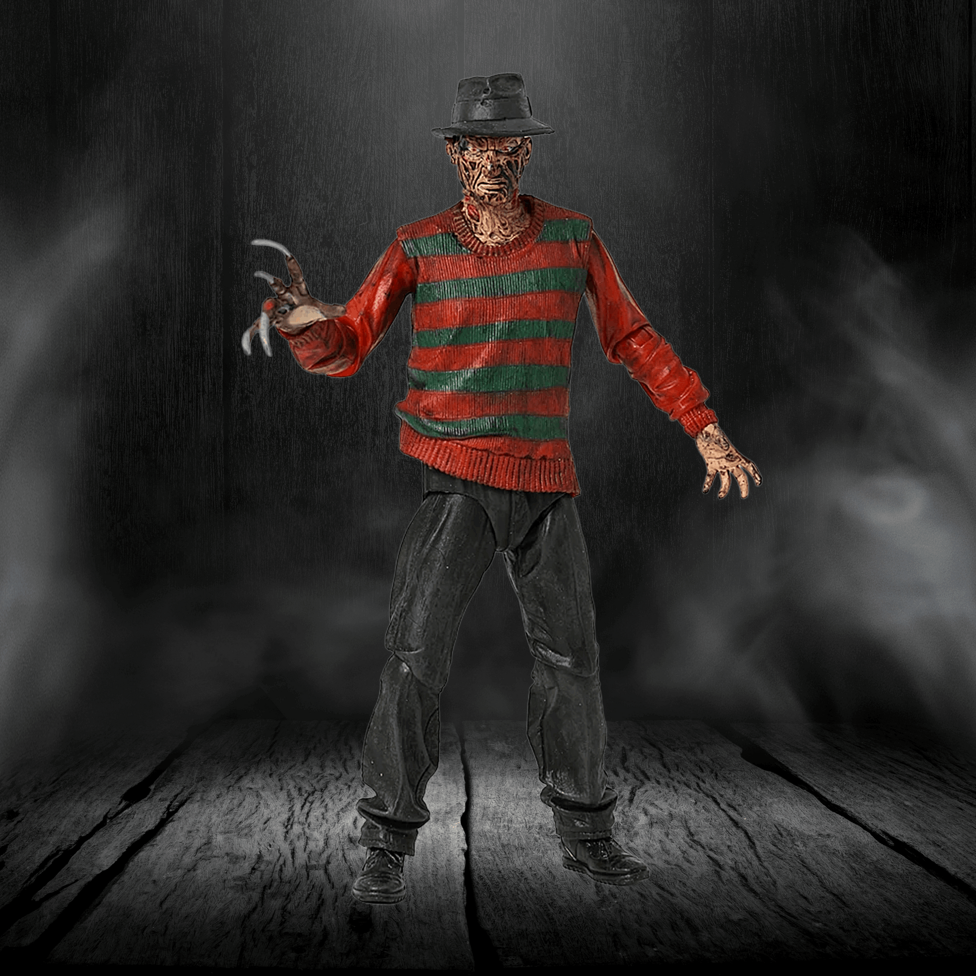 Horror character in a red and green striped sweater with a dark background