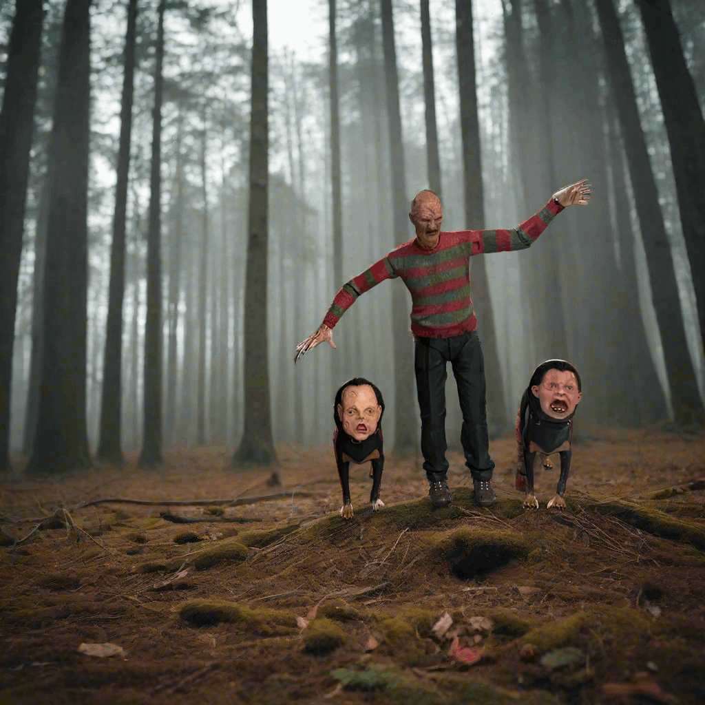 Person in a striped sweater with two small figures in a forest setting