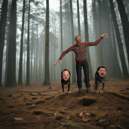 Person in a striped sweater with two small figures in a forest setting