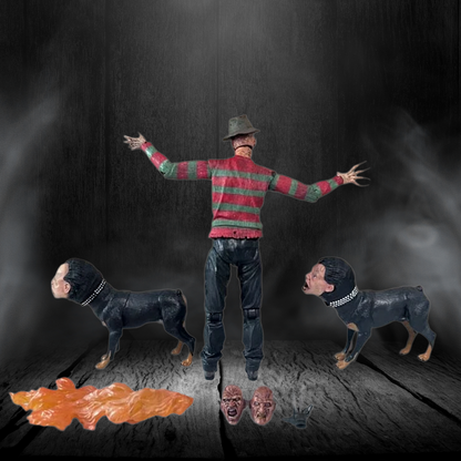 Man in striped sweater with arms outstretched between two dogs on a dark background