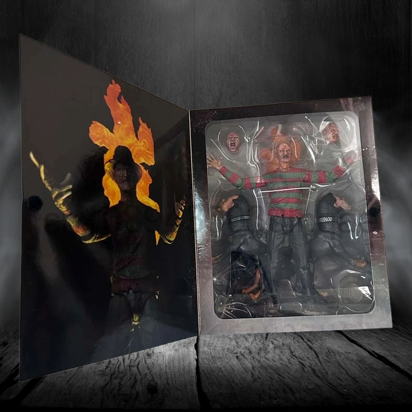 Action figure with flame effect next to its packaging on a dark background