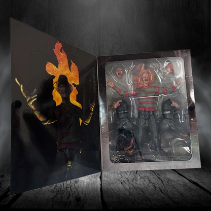 Action figure with flame effect next to its packaging on a dark background