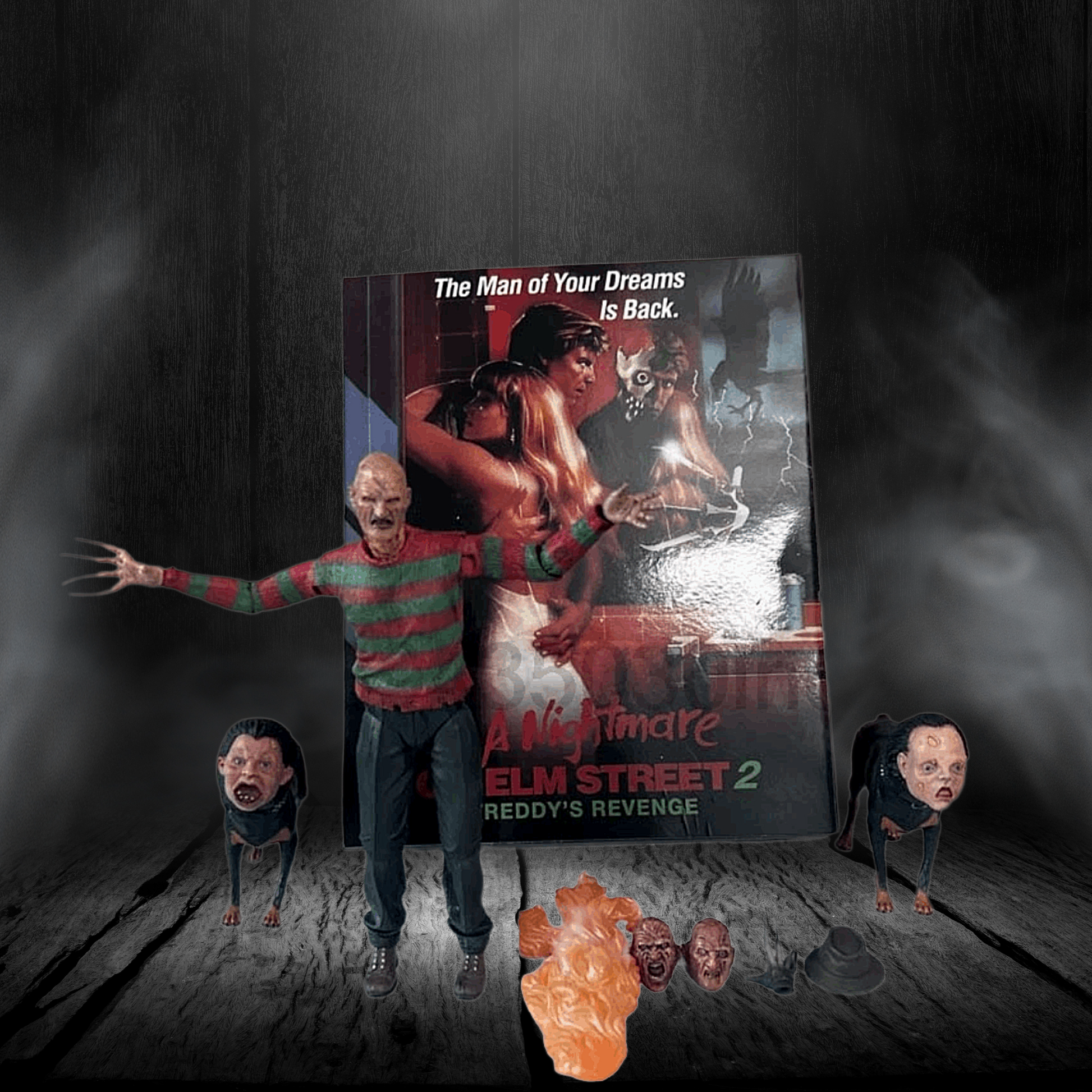 Movie poster for 'A Nightmare on Elm Street 2: Freddy's Revenge' with character figures in a dark setting.