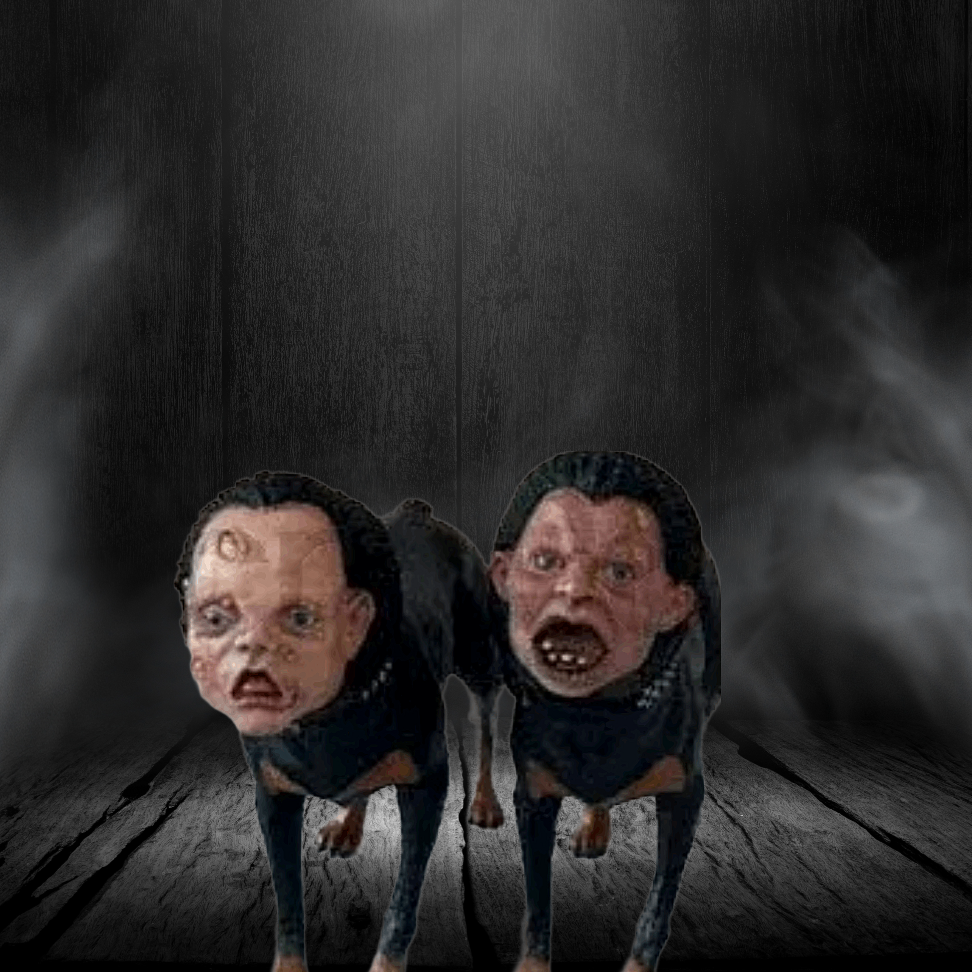 Two humanoid figures with exaggerated features on a dark background