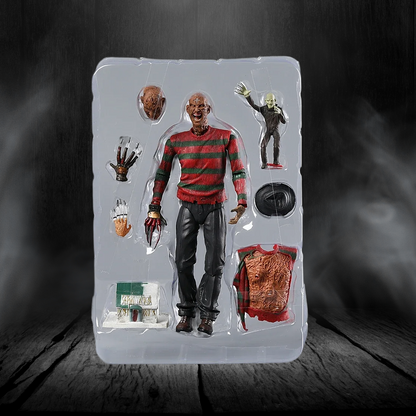 Action figure in clear packaging with accessories on a dark background