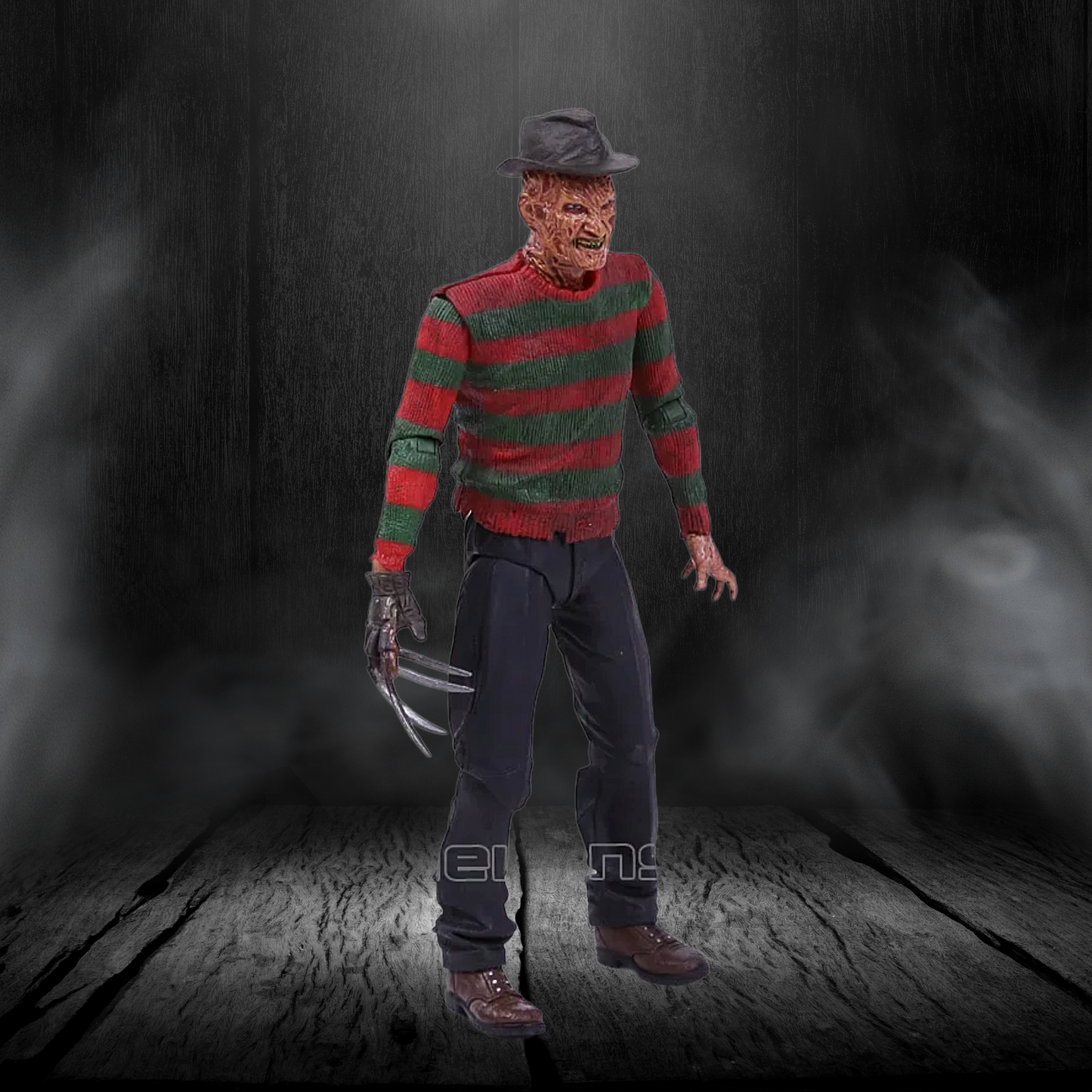 Action figure in a striped sweater with a dark background