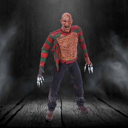 Horror character in a red and green sweater with a dark background