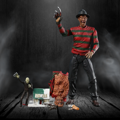 Action figure of a character in a red and green striped shirt with a dark background