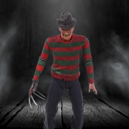 Horror character in a striped sweater with a dark background