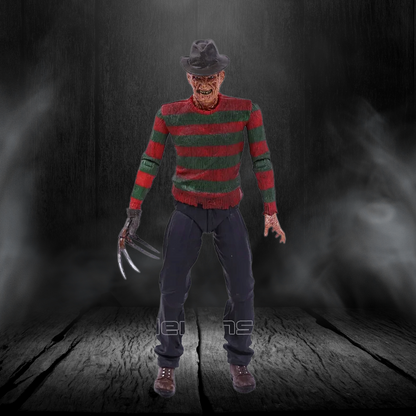 Action figure in a striped sweater with a knife on a dark background